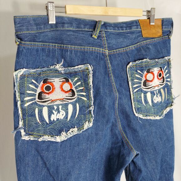 RMC Red Monkey Button Fly Jean Shorts Mens 38 Blue Denim Embroidered Pocket Y2K - Picture 6 of 8